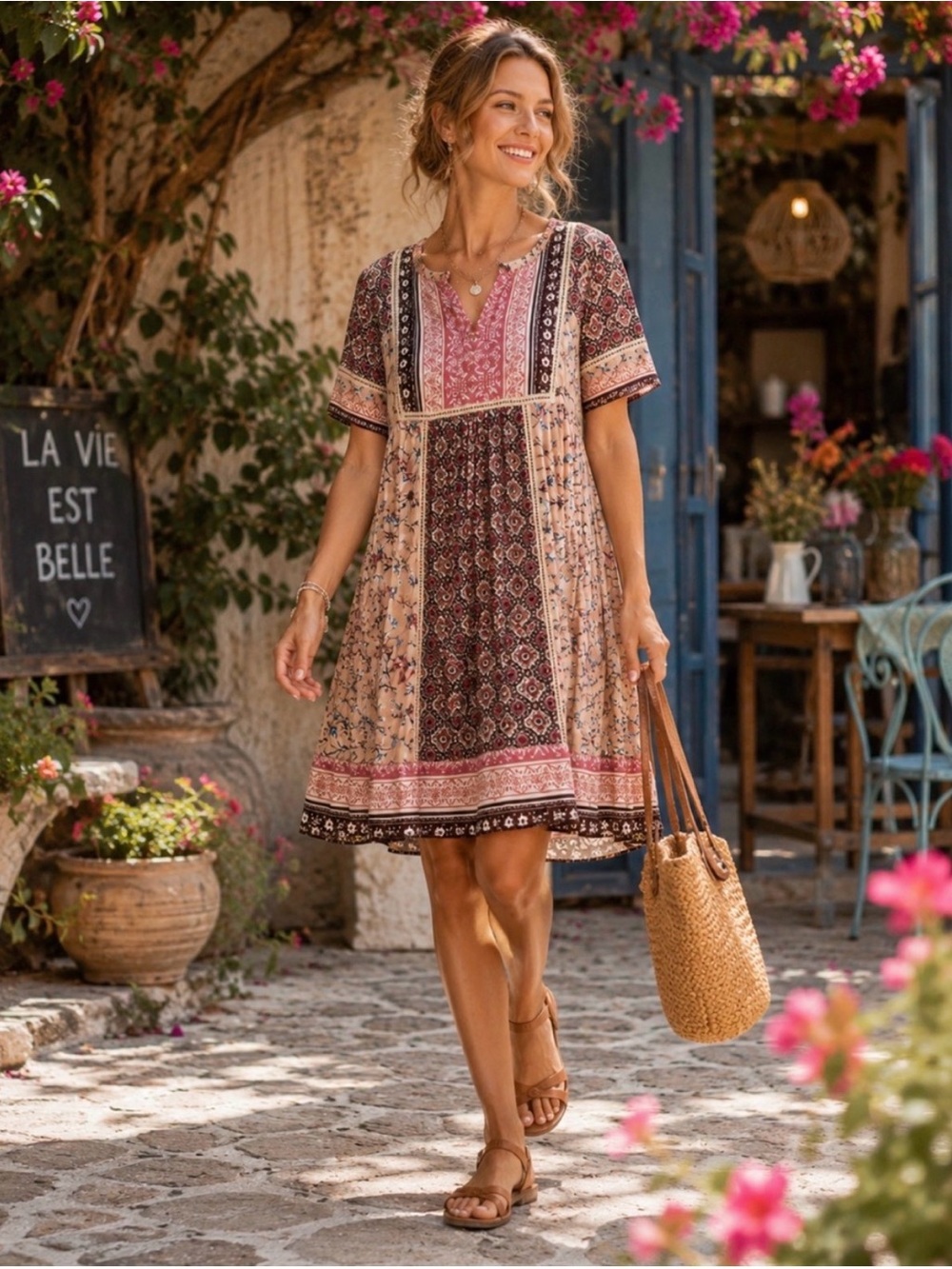 Sundance Bohemian Pink Dress Flutter Sleeve Mini Patchwork Boho Size Medium